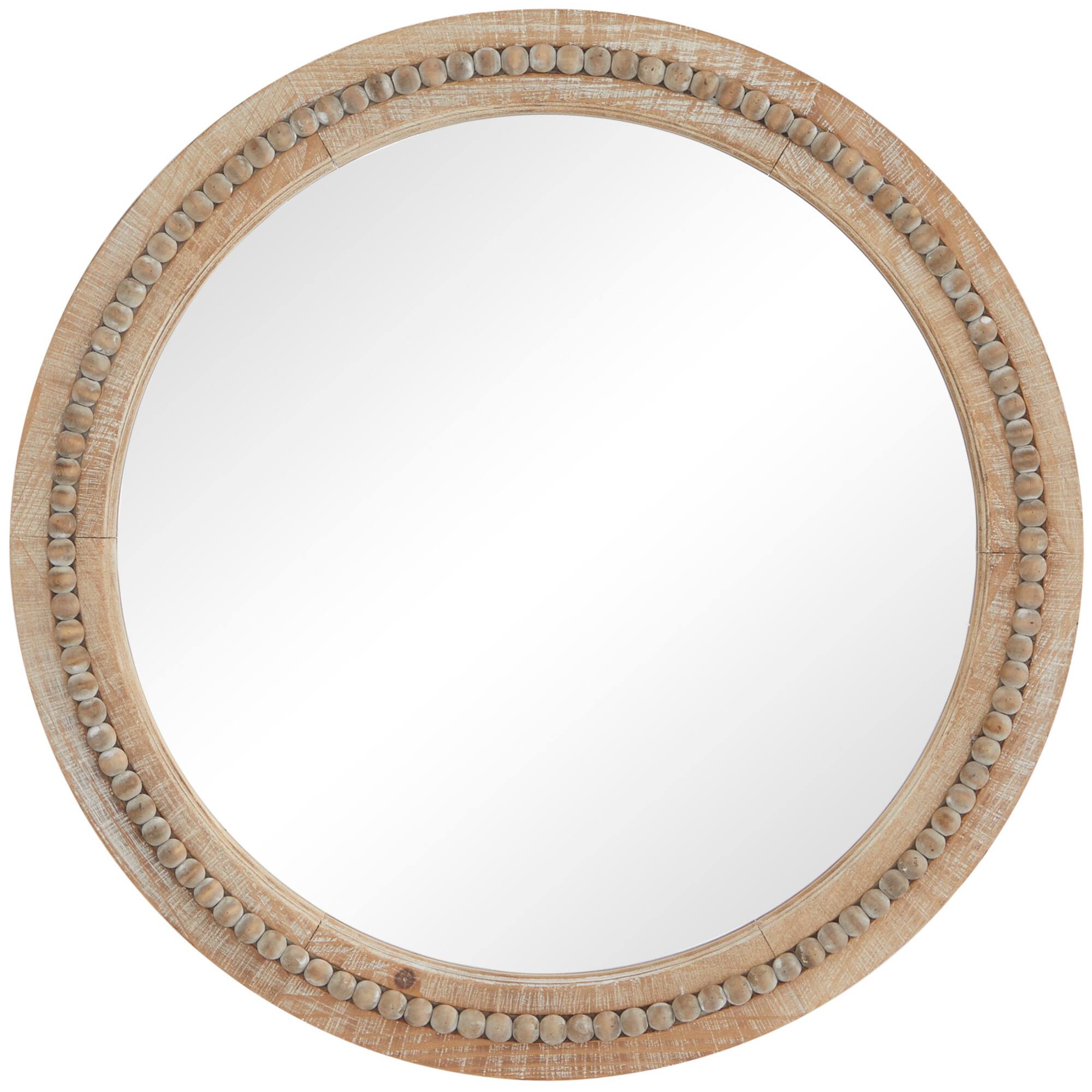 Brown Wood Beaded Frame Wall Mirror with Distressing 28" x 2" x 28"